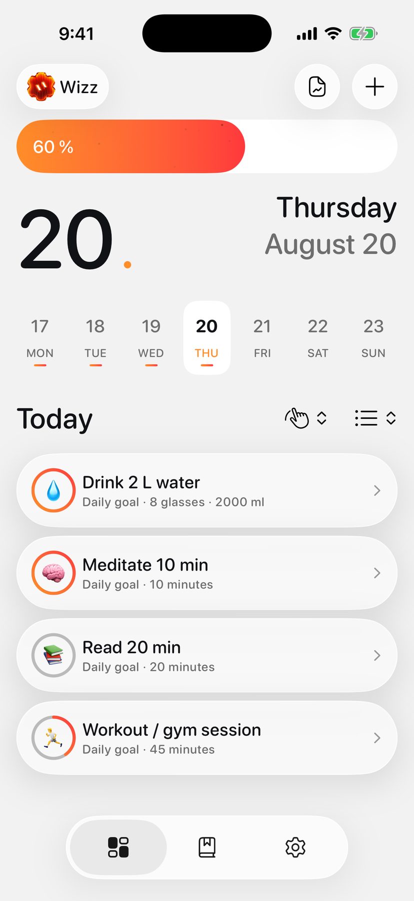 HabitWizz Today in Light mode, HabitWizz palette.